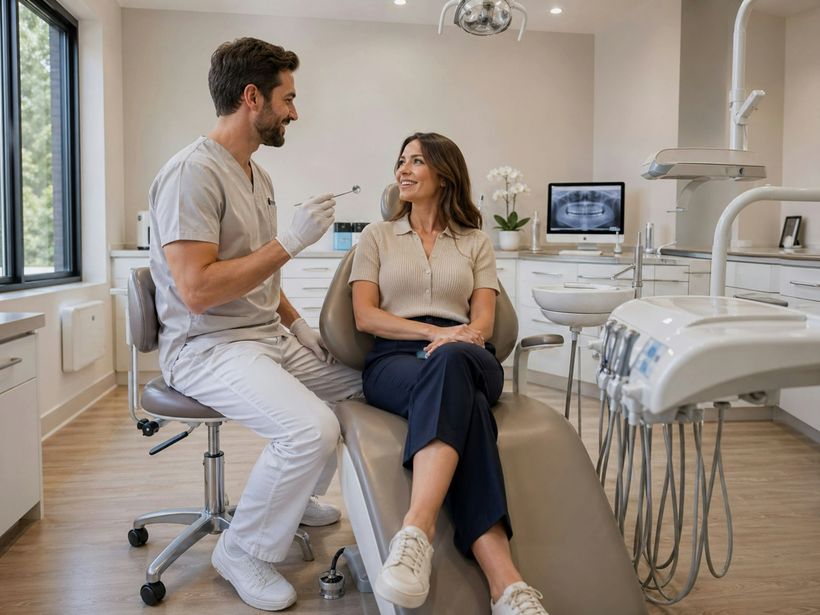 Dentista conversando com paciente em atendimento de urgência odontológica na Odontoclinic Campo Limpo
